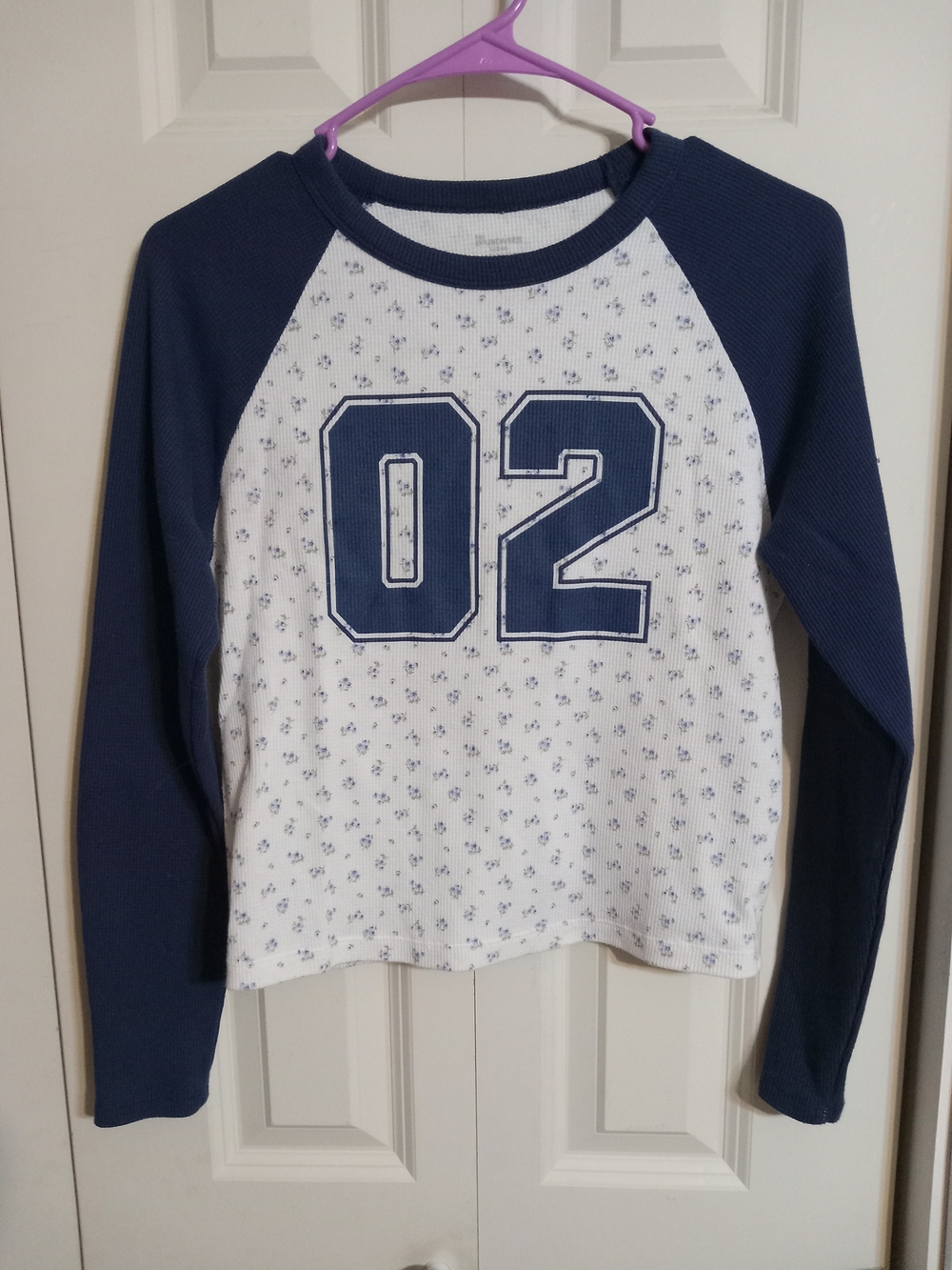 No Boundaries Navy and White '02' Long Sleeve Raglan Tee